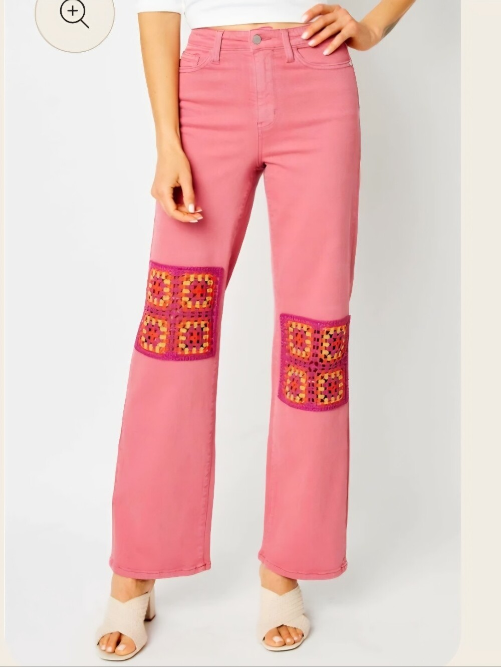 High Waisted Dusty Pink Dyed Chrochet Patch Wide Leg JUDY BLUES 13/31